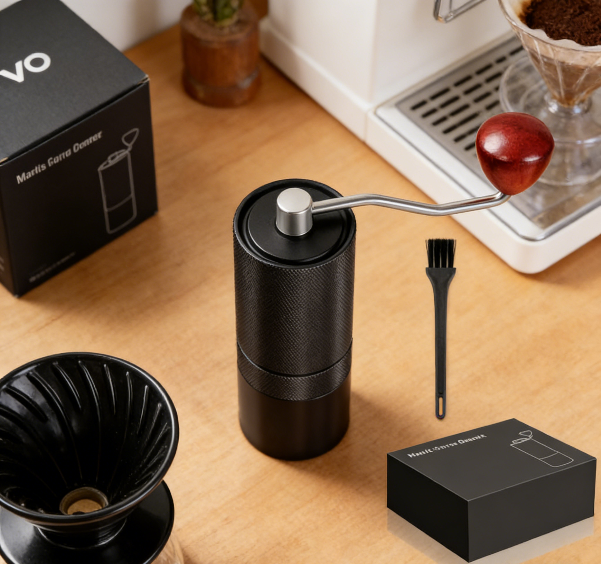 Premium VantaLio Manual Coffee Grinder - CNC Aluminum with Beech Wood Handle