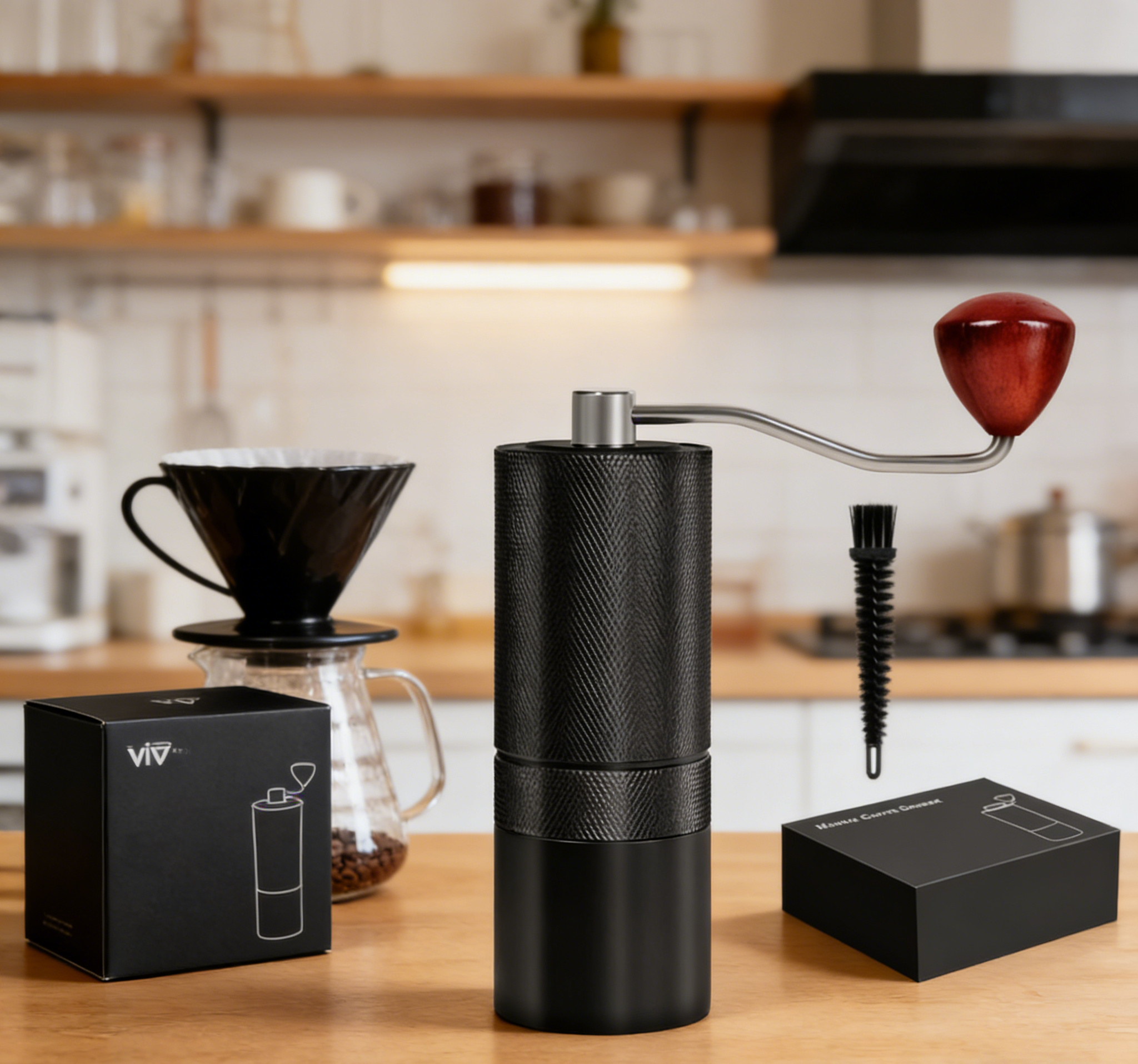 Premium VantaLio Manual Coffee Grinder - CNC Aluminum with Beech Wood Handle