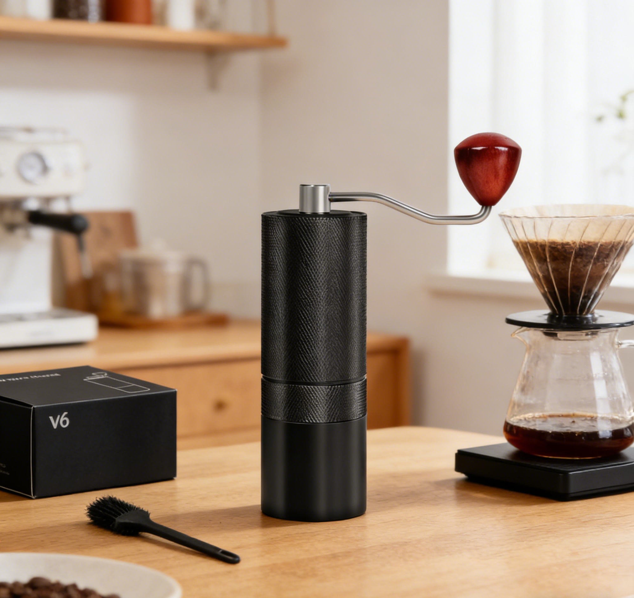 Premium VantaLio Manual Coffee Grinder - CNC Aluminum with Beech Wood Handle